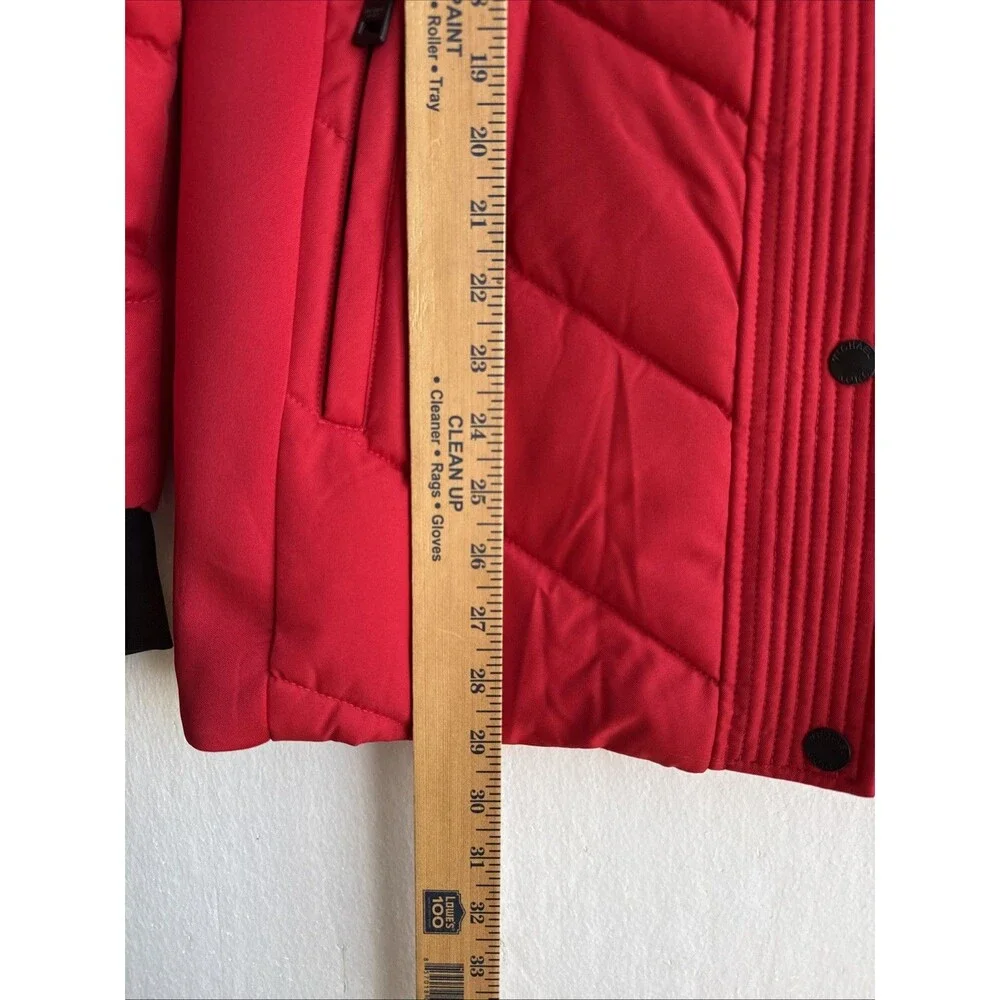 Michael Kors Womens L Red Hooded Puffer Jacket Faux Fur Trim Knit Side Panels